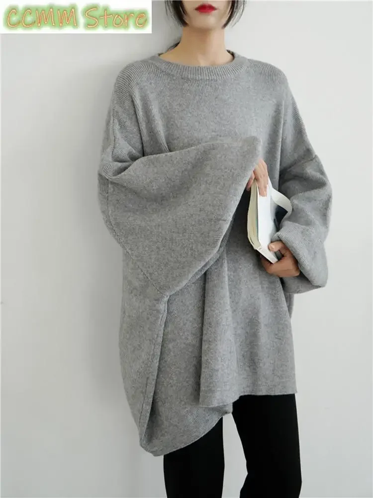 

Big Size Gray Knitting Sweater Loose Fit Round Neck Long Sleeve Women Pullovers New Fashion Autumn Winter