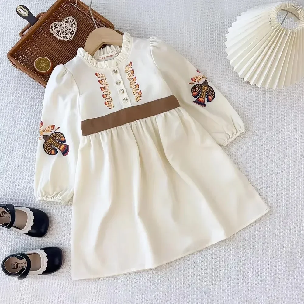 2024 Spring and Autumn New Girls' Clothing Beige Button Mushroom Edge Long Sleeve Printed Dress Suitable for Girls Aged 3-7