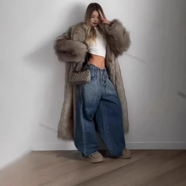KIDCRKJ Winter Women Imitation Fur Outwear Gradient Big Fur Collar Oversize Female Mink Fur Coat Long Fashion Lady Faux Fur Coat - view 2