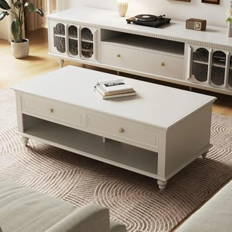 

Современный белый журнальный столик с ящиком, прямоугольный центральный стол в деревенском стиле для гостиной, деревянный коктейльный и чайный столик, идеальный ф