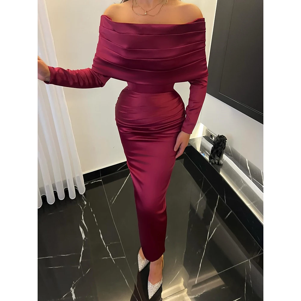 

Customized Straight Evening Dresses Tea-length Off The Shoulder Full Sleeve Prom Gown Simple Fashion Pleat Casual Party Gown