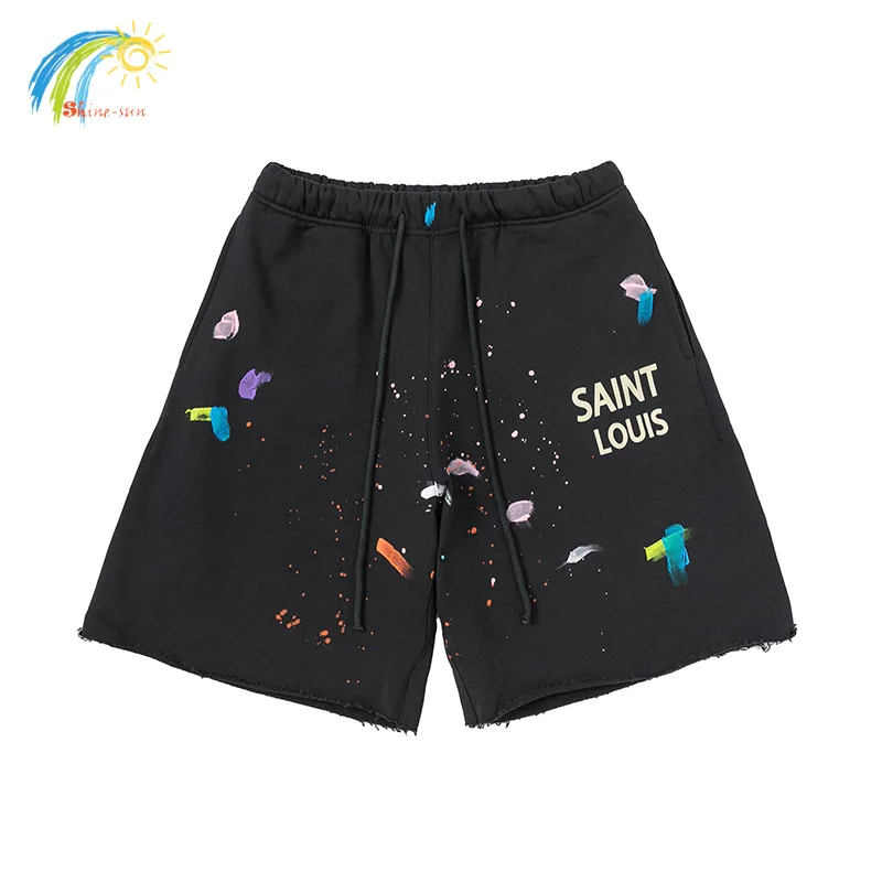 

High Street Splash Ink Graffiti Saint Louis Shorts Men Women Vintage Black Drawstring Loose Breeches Casual Fashion