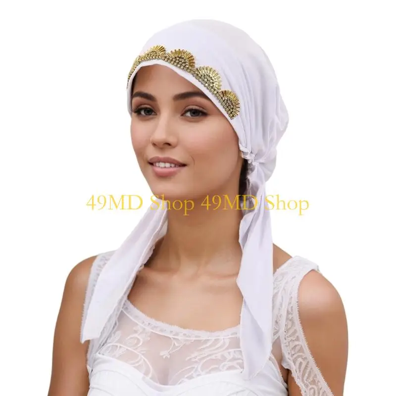 49MD Practical Scarf Polyester Headwear with Rhinestones Decoration Fashion Turban Head Wrap Comfortable Use
