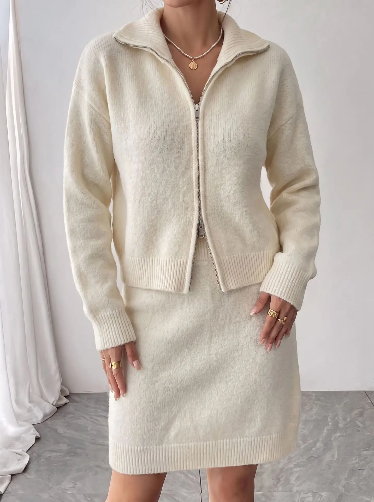 Early Autumn Elegant Knit Zip Tracksuit Women, High Waist Slim Skirt Two-Piece Set