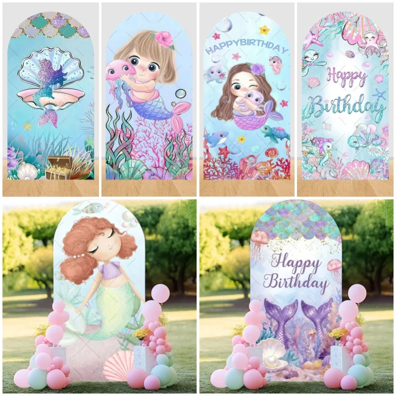 Mermaid Theme Party Decor Arch Backdrop Cover Underwater World Plant Coral Fish Tail Baby Birthday Photo Photographic Background