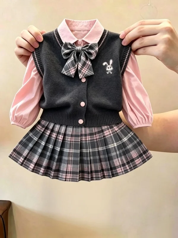 Girls' School Uniform Style JK Knitted Set Autumn New Arrival Three-Piece Suit with Shirt Knitted Vest Pleated Skirt