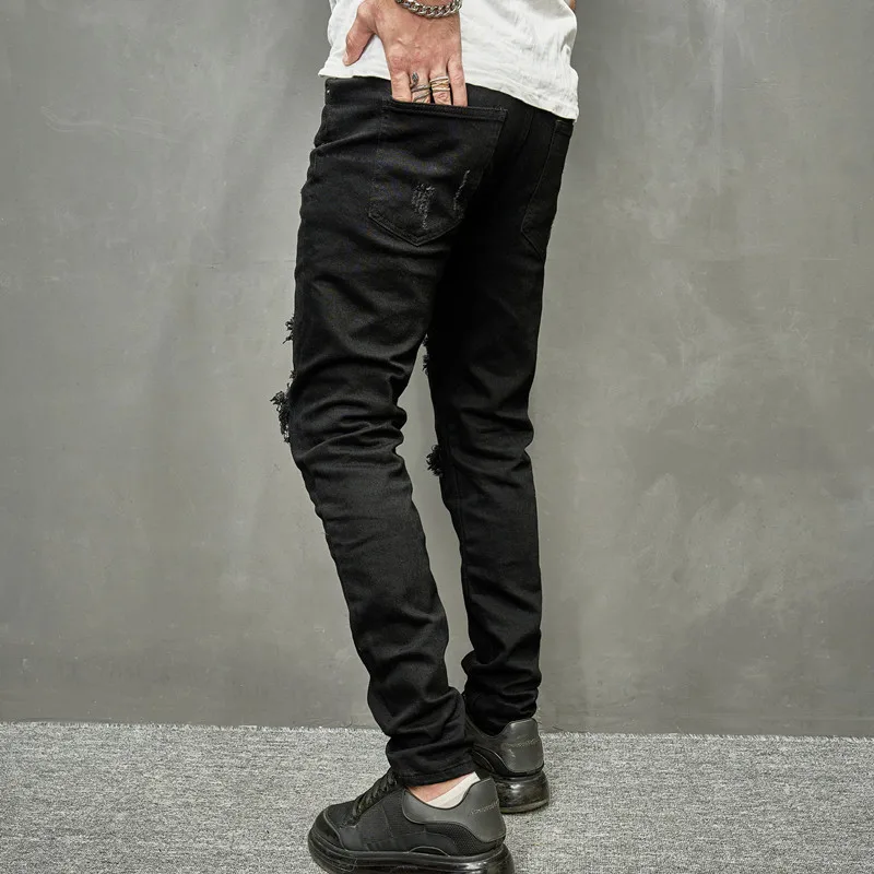 2023 Men's Jeans Stretch Tight Casual Black Denim Pants Holes Full Length Streetwear Ripped Jeans