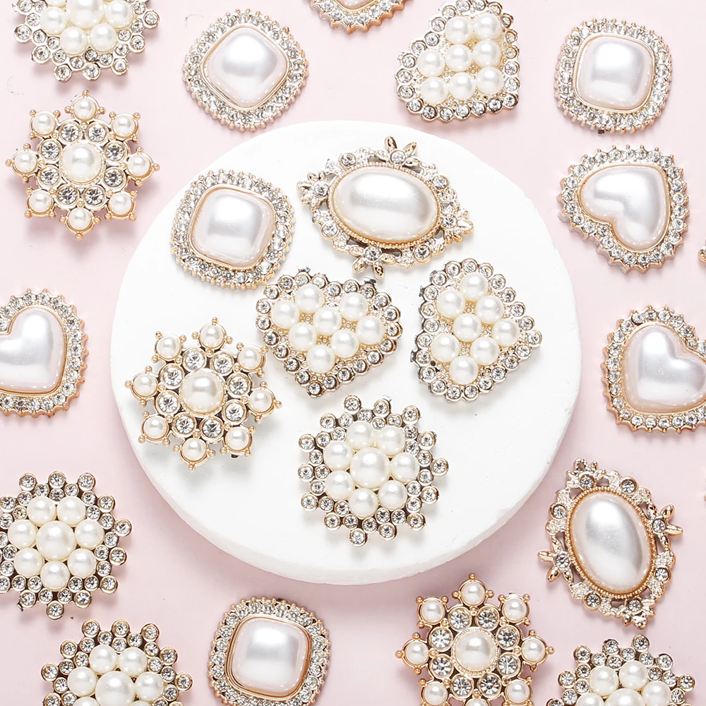20Pcs White Pearl Rhinestone Flat Back Beads, Heart Oval Square Flower Acrylic Beads For DIY Hairpin, Wedding Craft Embellishmen