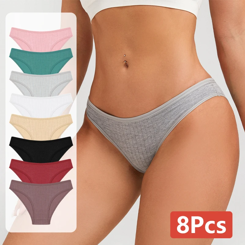 8Pcs Cotton Striped Panties for Women Low-Rise Stretchy Underwear Sexy Breathable Solid Color Briefs Girls Comfort Lingerie M-XL