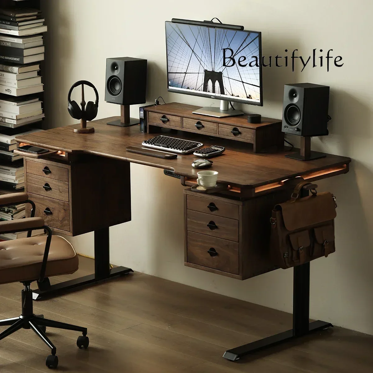 N X Black Waut Electric Lifting Desk Smart Computer Desk Solid Wood Learning Multifunctional Office Workbench