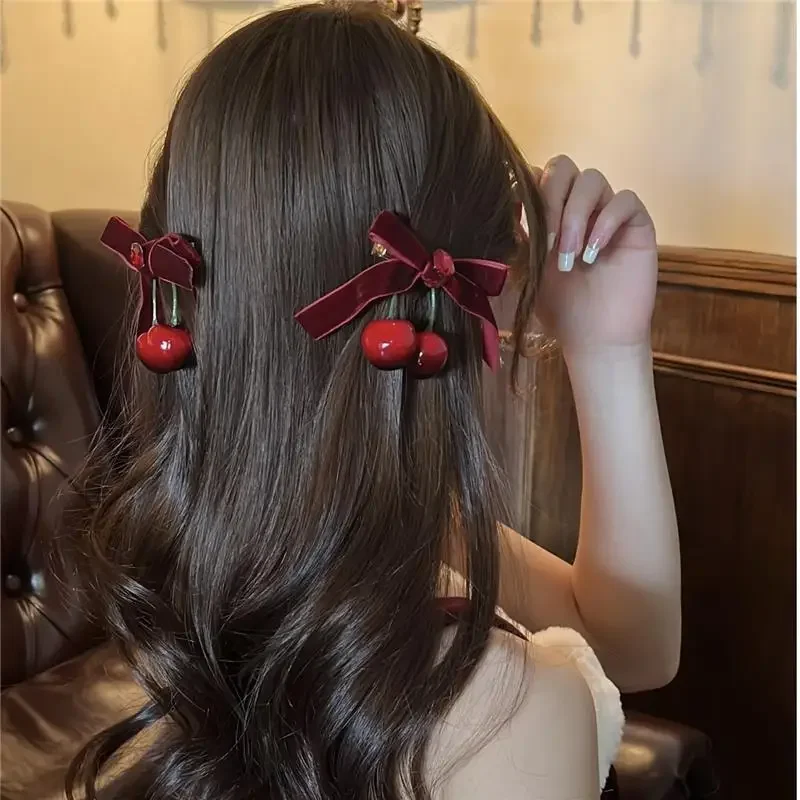 Velvet Bow  Red Cherry Hairpins Barrettes Girls Bow Ties Hairbows Ornament Versatile Sweet Pastoral Hair Clip Hair Accessories