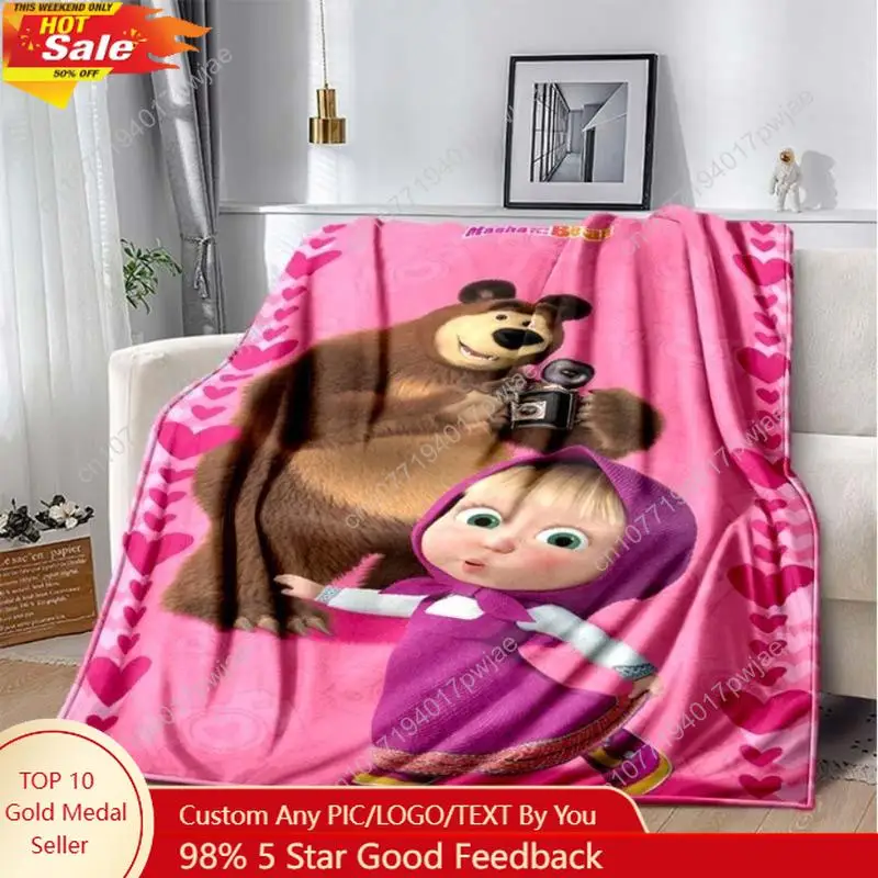 

3D Masha And Bear Blanket Cute Cartoon Print Soft Flannel Plush Kids Throw For Bedroom Nursery Decor Gift Custom blankets