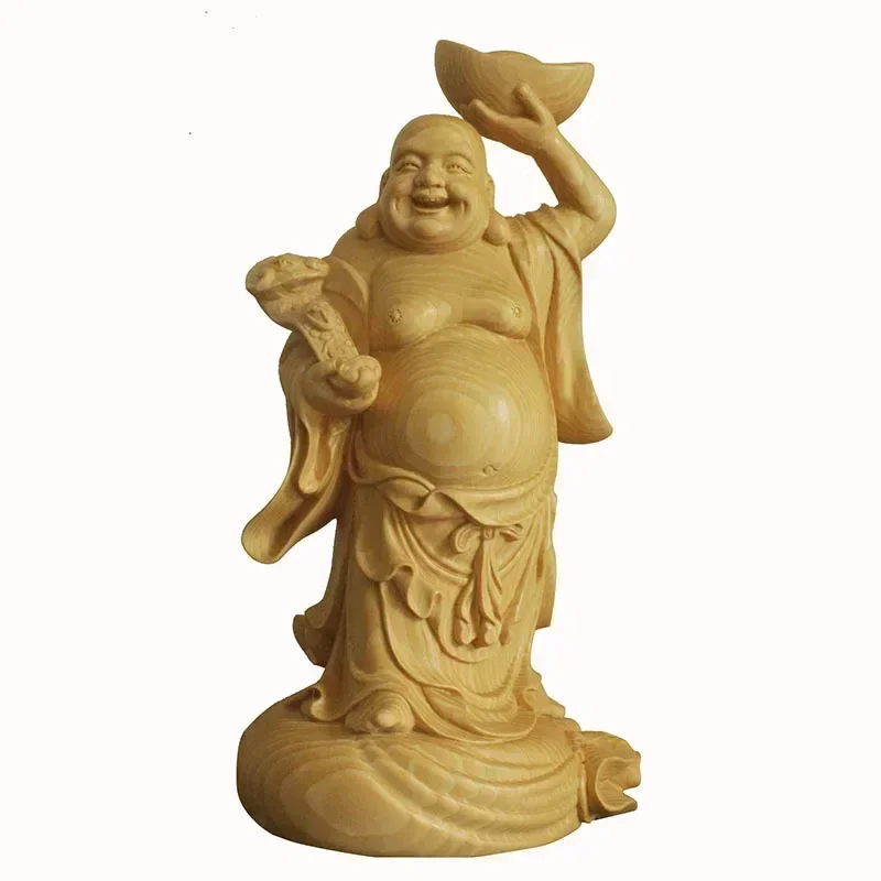 

Solid wood carving Ingot-Maitreya Buddha statue，Traditional hand carving，Wooden home living room lucky decoration 23cm