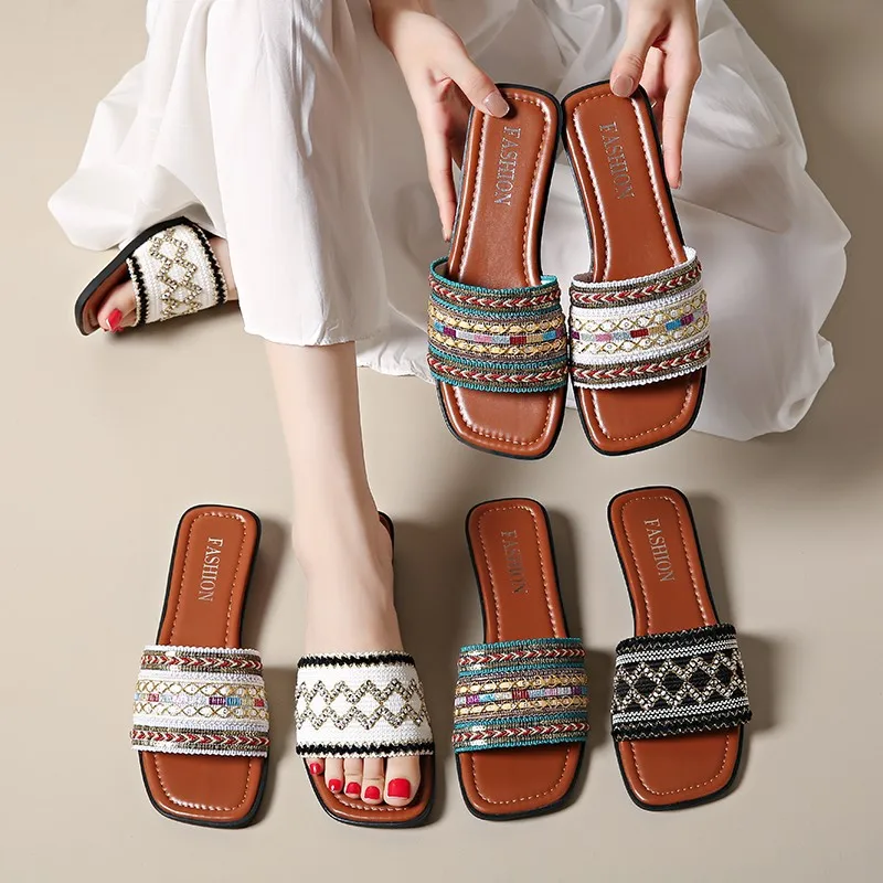

Summer Women Square Heel Slippers Beading Outdoor Slippers Shoes