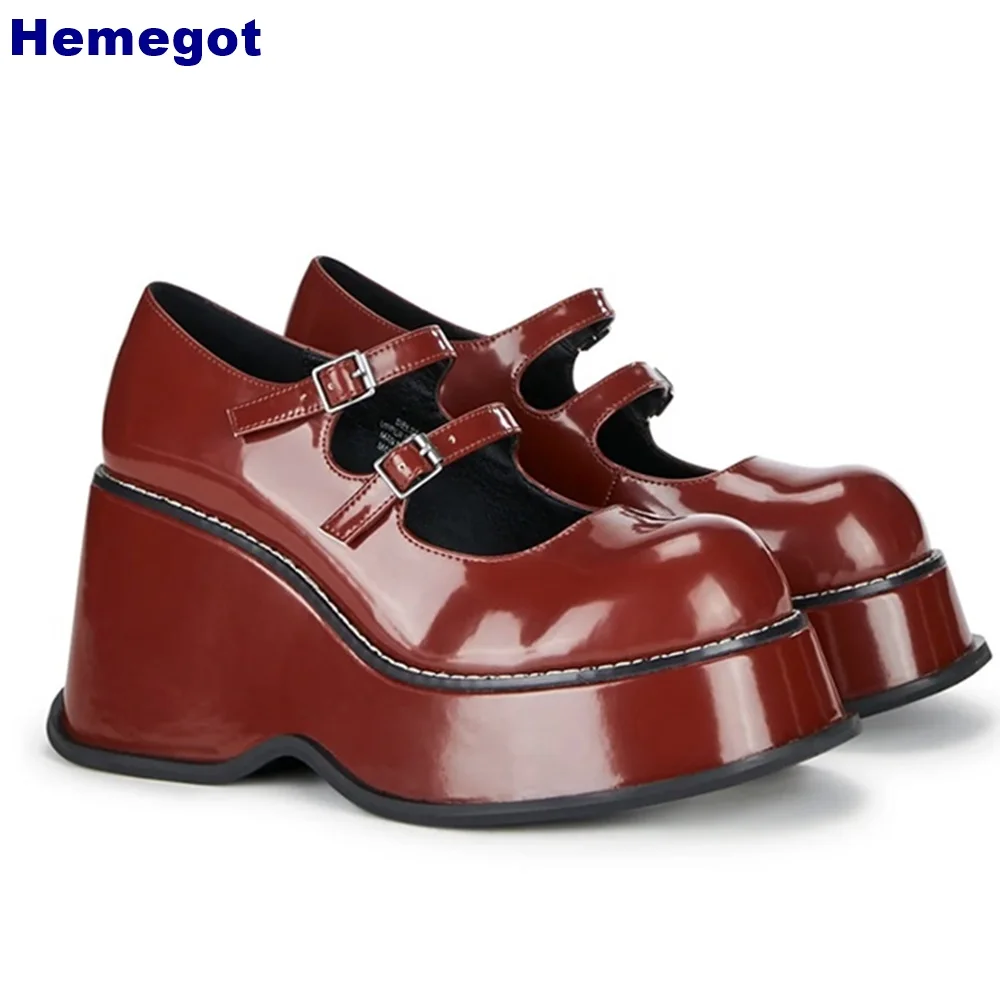 

Platform Round Toe Mary Janes 2024 Summer New Wedge Heel Buckle Street Casual Party Leather Shoes Black/red Fashion Women Pumps