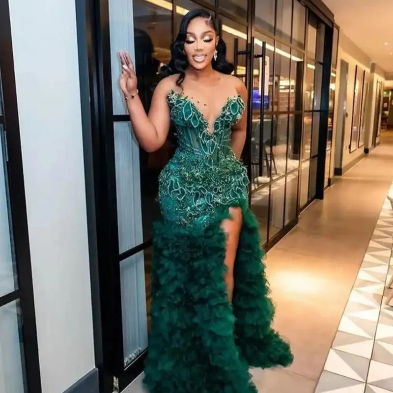 African Evening Dress Beading Ruffled Mermaid Luxury Prom Dresses Beads Applique Emerald Green Formal Gowns Sexy Split Long