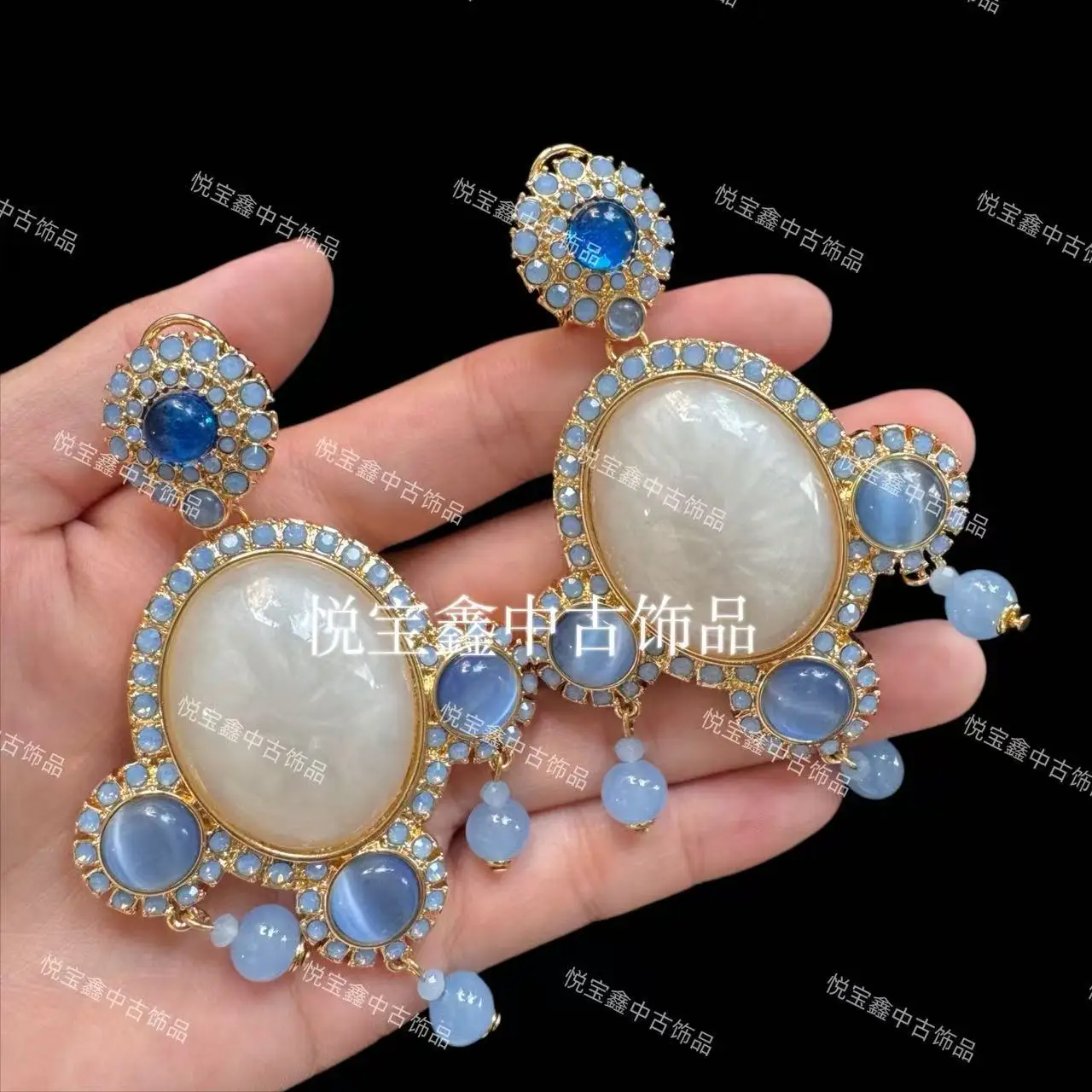Exaggerated  vintage sweeping shoulder stud earrings 925 silver needles white blue diamond ear stud