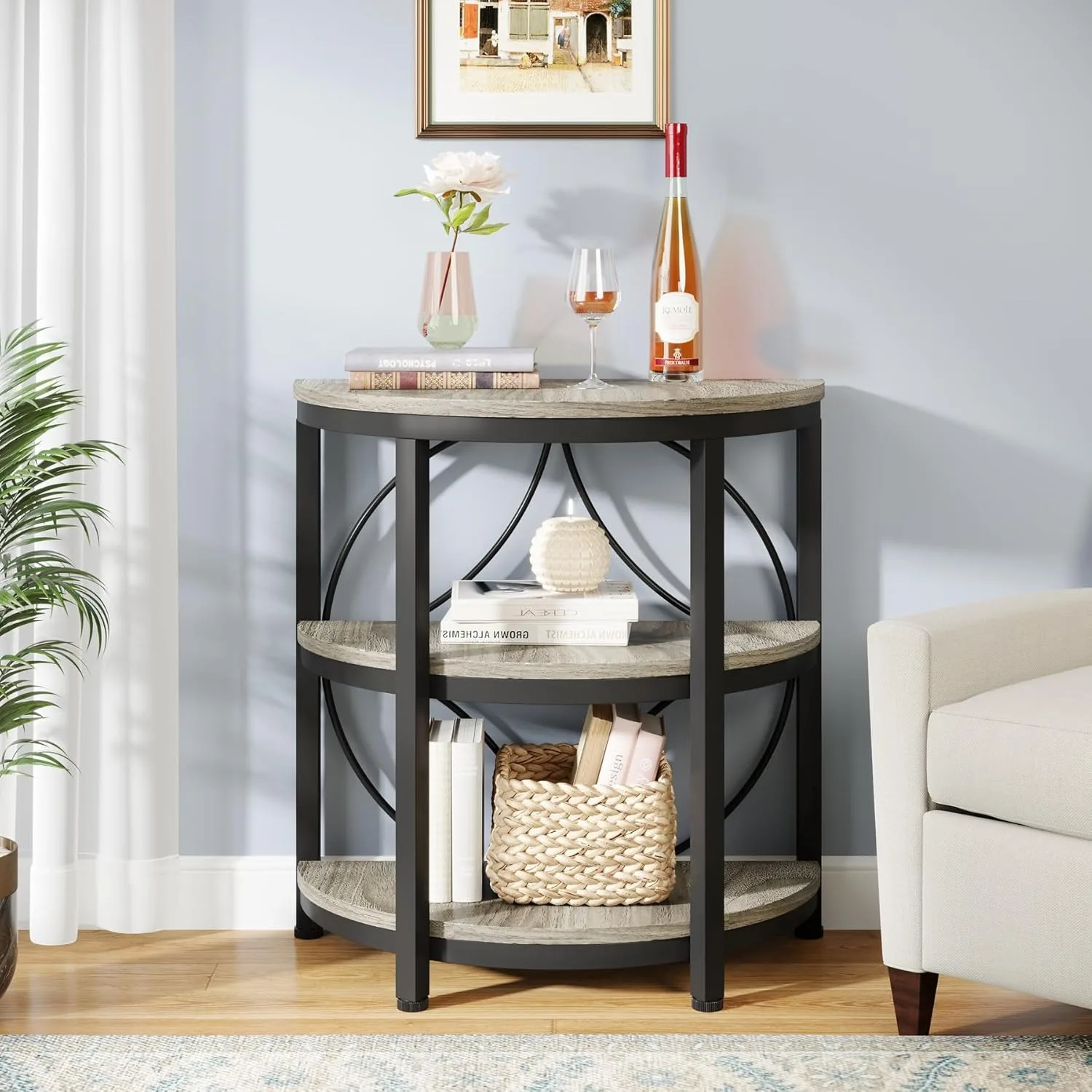 Small Half Round End Table, Half Circle Side Table with Shelves and Metal Frame, 3-Tier Half Moon Console Table(1PC)