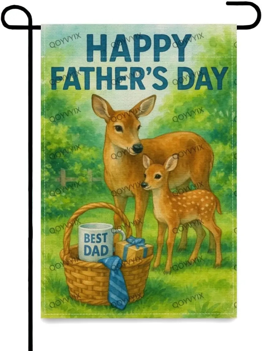 QOYVYIX Happy Father's Day Garden Flag Deer with Tool Welcome 12x18 Inch Double Sided Small Linen Holiday Yard Outdoor S LLO uui