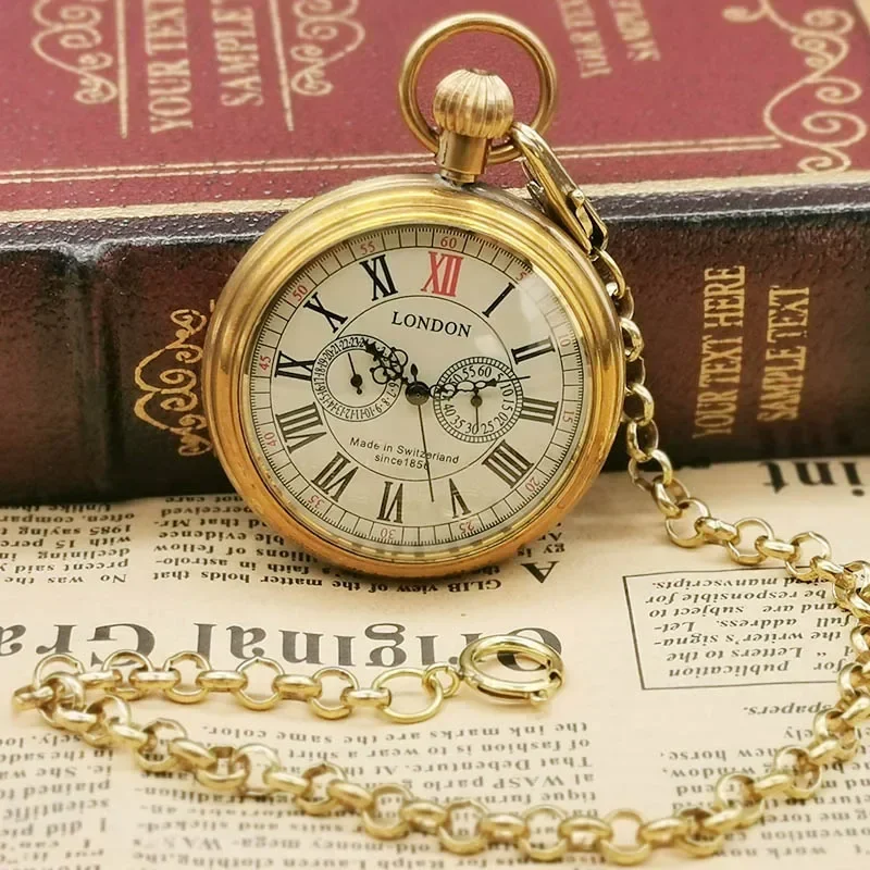 Antique London1856's  5 Hand Roman Numerals Men's Hand Winding Mechanical Pocket Watch Skeleton Pendant Clock with FOB Chain