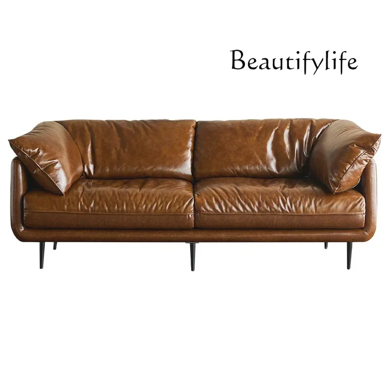 X36 Sofa Retro Oil Wax Leather Sofa Straight Row Three-person Small Apartment Living Room Antique Down