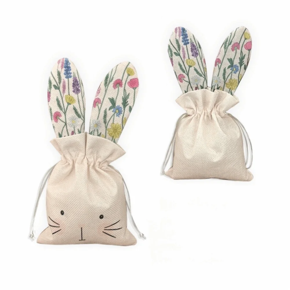 2pcs Linen Material Easter Bunny Treat Bag Rabbit Ears Design Adorable Rabbits Decor Linen Drawstring Bags Drawstring Closure