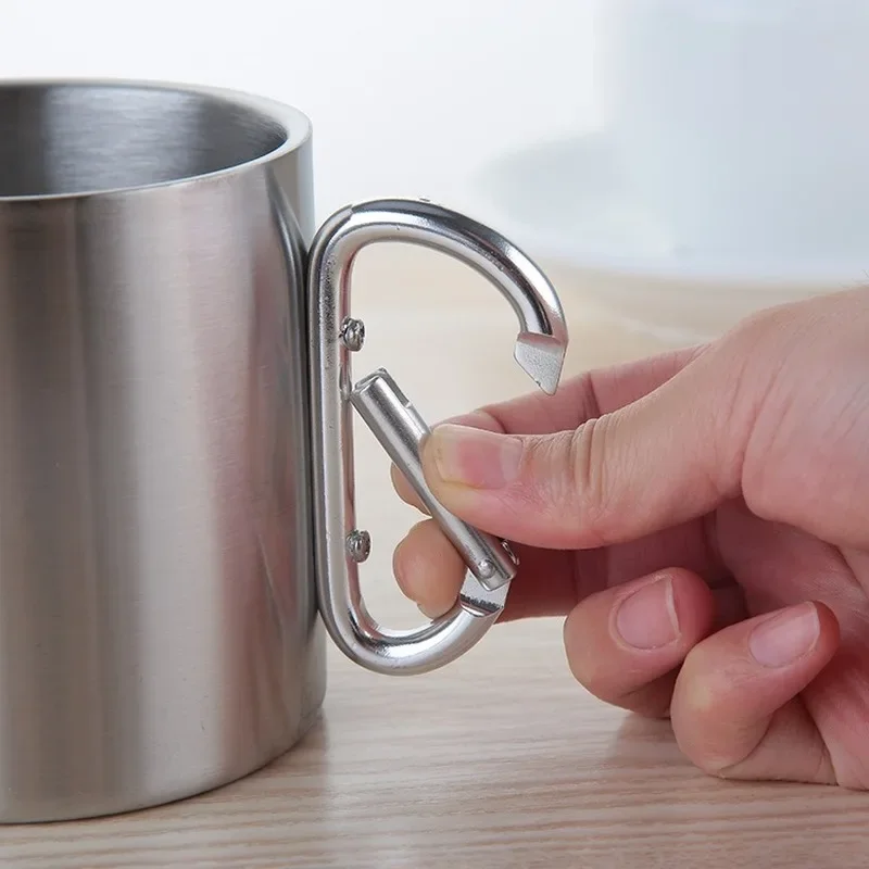 220/300ml Camping Travel Stainless Steel Cup Carabiner Hook Handle Picnic Water Mug Outdoor Travel Hike Cup