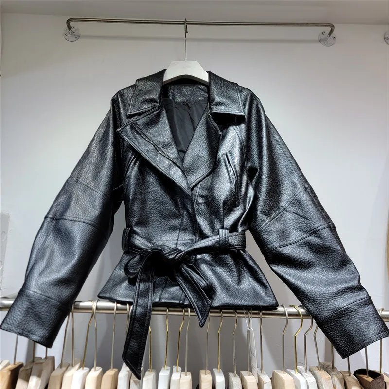 HKSH Women PU Leather Jacket Dark Style Patchwork Sashes Design Zipper Turn-Down Collar Trend High Street Ins Short Coat HK26750