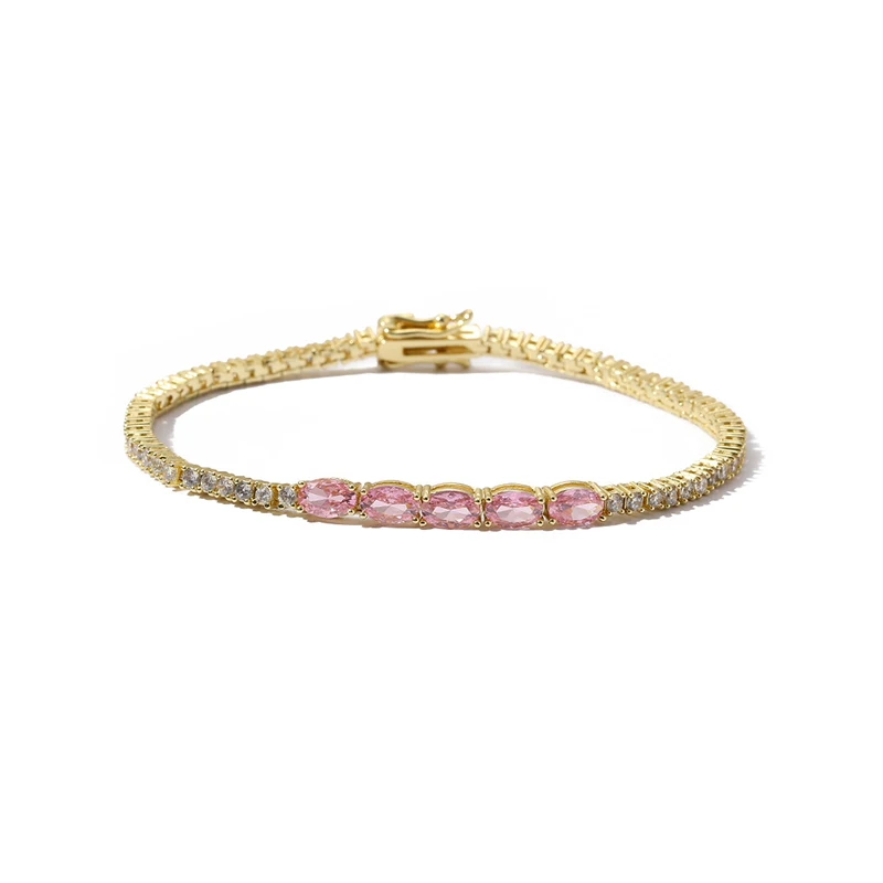 

Хип-хоп Розовый Овальный Камень CZ Paved Bling Iced Out 2 мм Теннисные Ланцюговые Браслеты для Мужчин Женщин Рэпер Ювелирные Изделия Золото Серебро Цвет