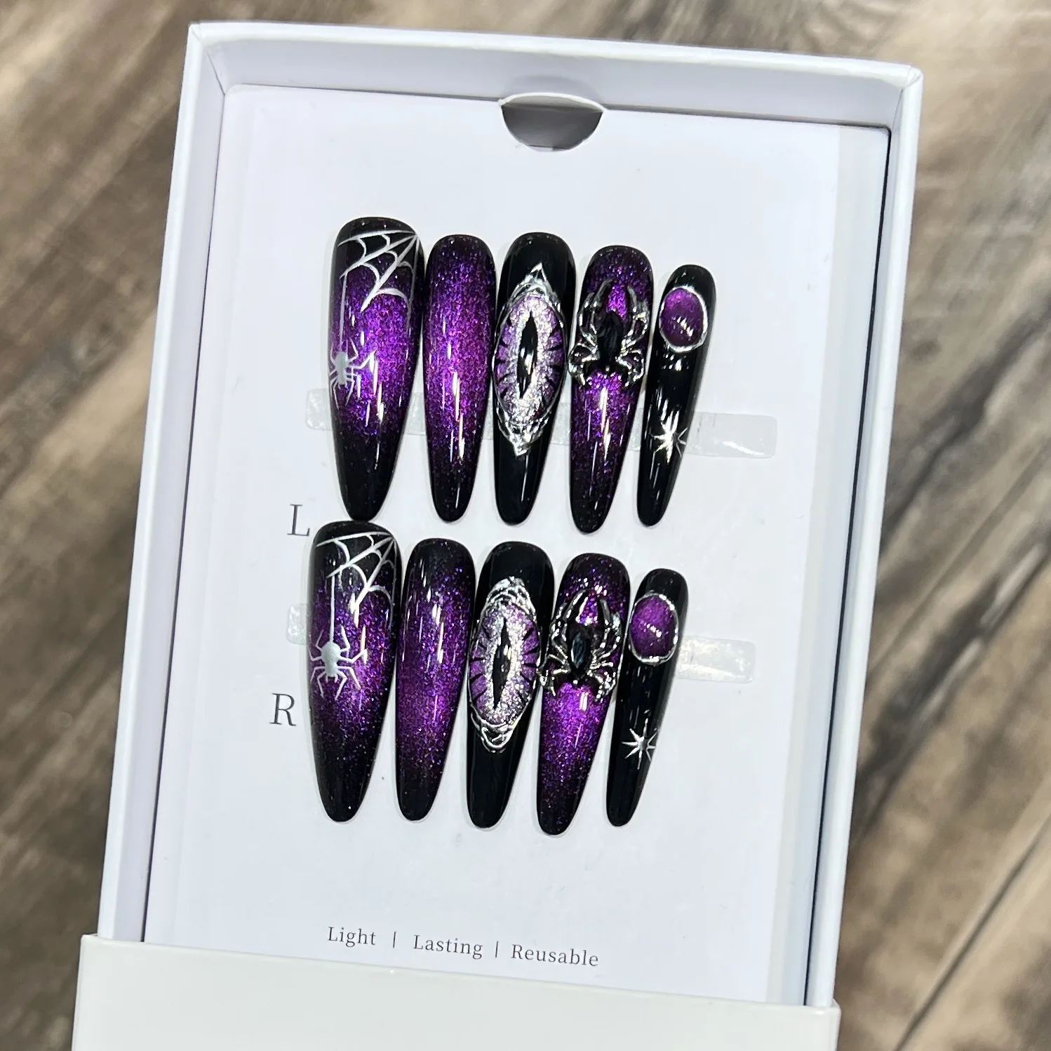 10pcs Halloween Spider Web False Nails Glossy Gradient Purple Almond Press on Nails Wearable European Gothic Style Fake Nails