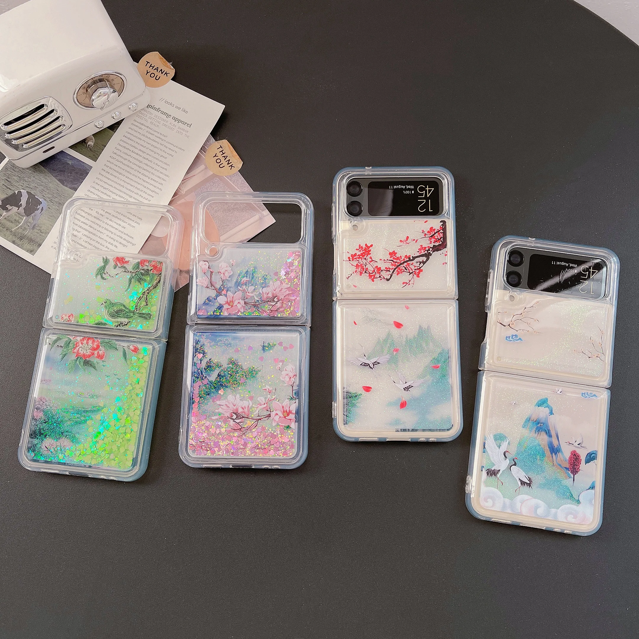 

Chinese Style Scenery Flower Crane Glitter Sequin Liquid Quicksand Shockproof Phone Case For Samsung Galaxy Z Flip 3 4 Cover