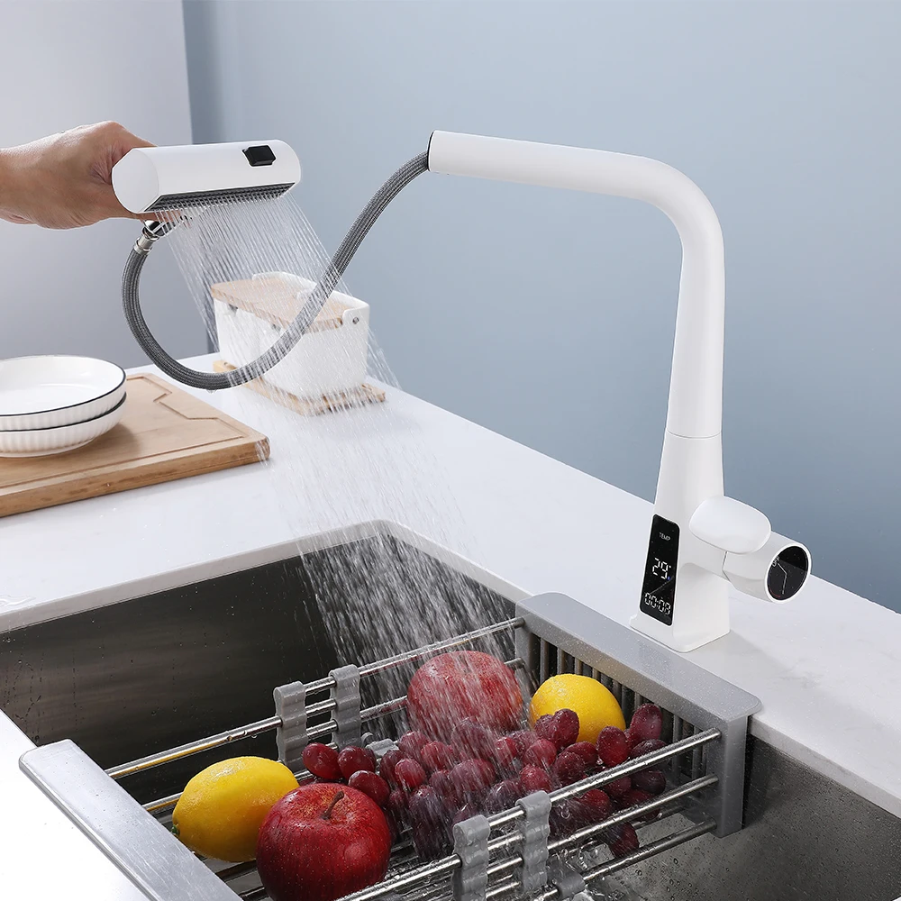 

SKOWLL 2 Mode Pull Out Faucet Deck Mount Single Hole Kitchen Sink Faucet with LED Display，White WC-4839