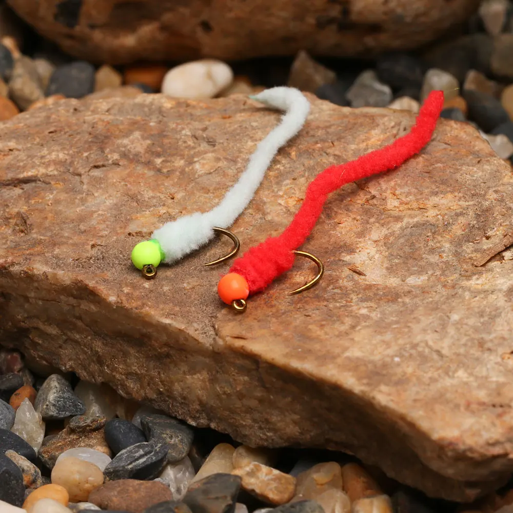 6 Stück # 12 gezahnte Jig-Squirmy-Worm-Fliegen, schnell sinkende Nassfliegen, künstliche Regenwurm-Fliegen für Forellen-, Barsch-, Blugill- und Grauforellen-Angeln – Detail 6