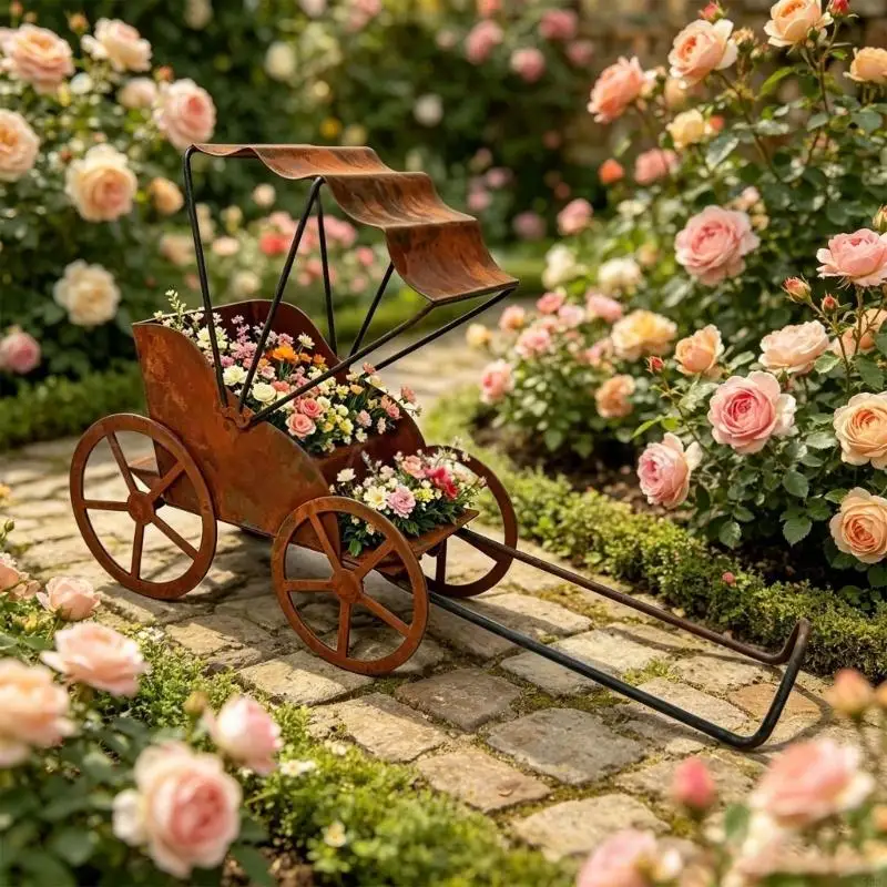 Home Garden Flower Pot Cart With Aged Metal Finish, Rickshaw Wheel Holder for Small Pots, Balcony Corner, Porch, and Entry