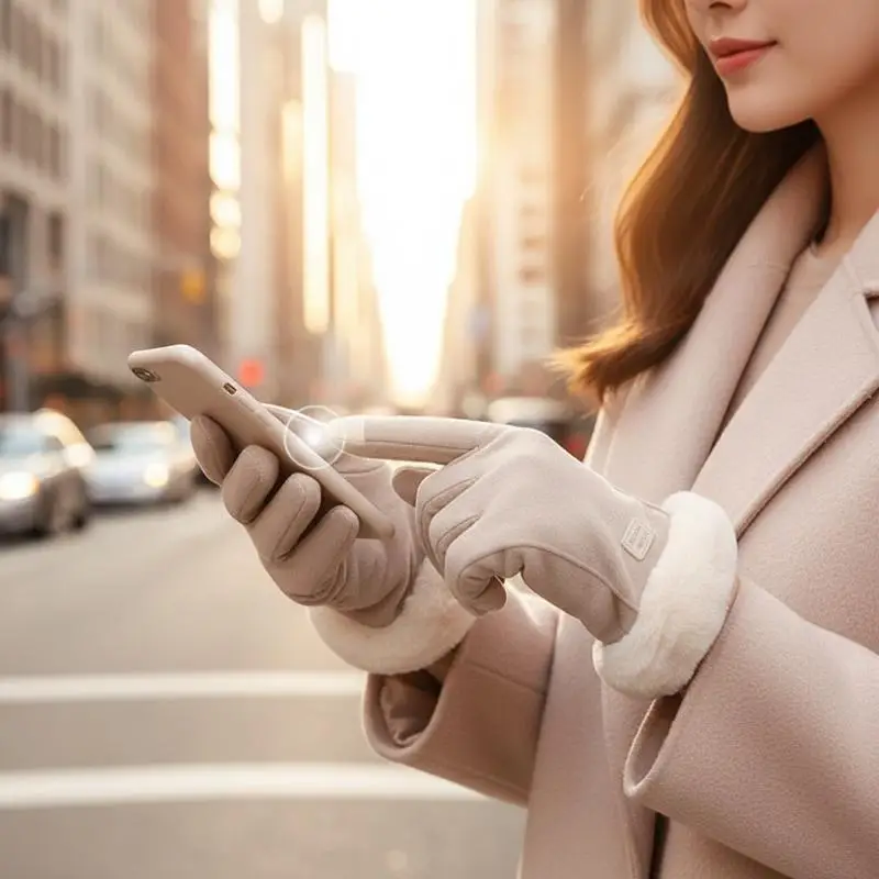 Die warmen Winterhandschuhe für Damen sind winddicht und kältebeständig, haben ein dickes Futter aus Kunstfell und sind als Touchscreen-Handschuhe geeignet. – Detail 4