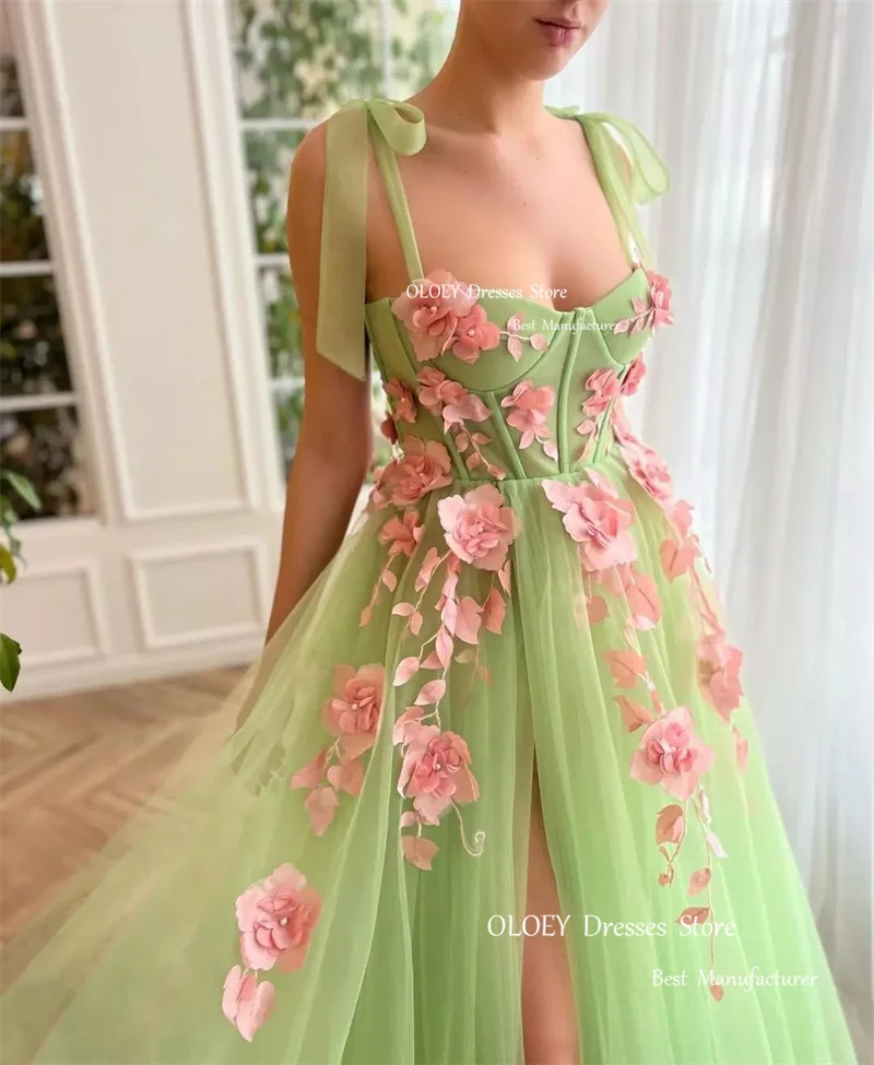 OLOEY Fairy eleganti abiti da ballo lunghi in Tulle verde chiaro 2023 spalline per Spaghetti spiedo Boning Party abiti da sera formali Vestidos