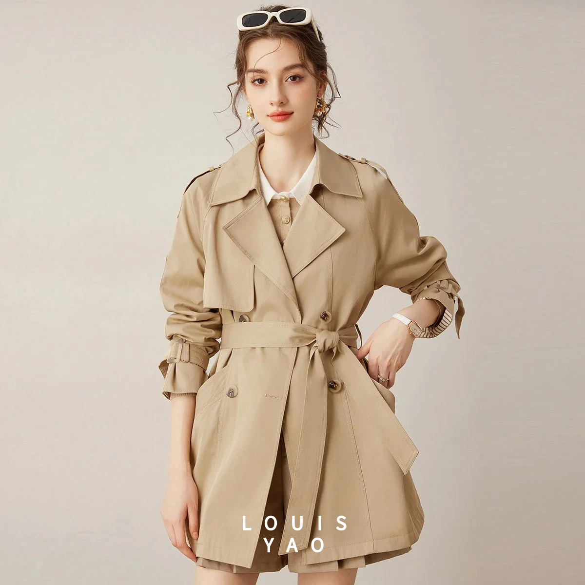 LOUISYAO Solid Colour Mid-Length Oversized Coat 2025 Autumn Commuter Style Lapel Collar Raglan Sleeve Women's Trench Coat