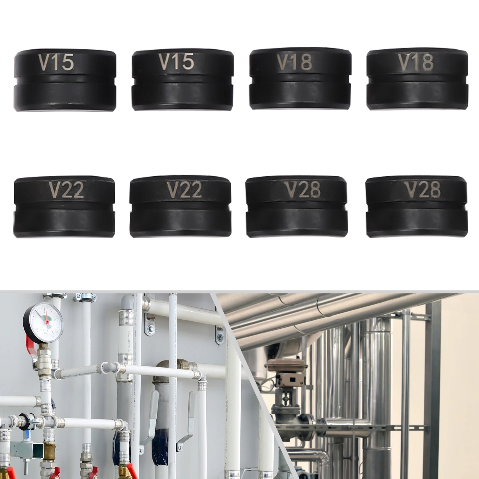 Immagine 7: Set di 4 Pezzi di Teste a V per Crimpatura da 15/18/22/28mm, Pinze per Pressatura Tubi, Set di Teste per Pressatura Tubi, per Crimpatura Tubi in Rame