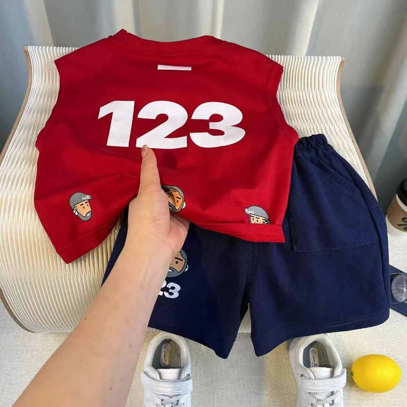 

Boys Summer Vest Set New Fashionable Baby Net Red Clothes Boys and Children's Fashion Two Piece Set Kids Outfits