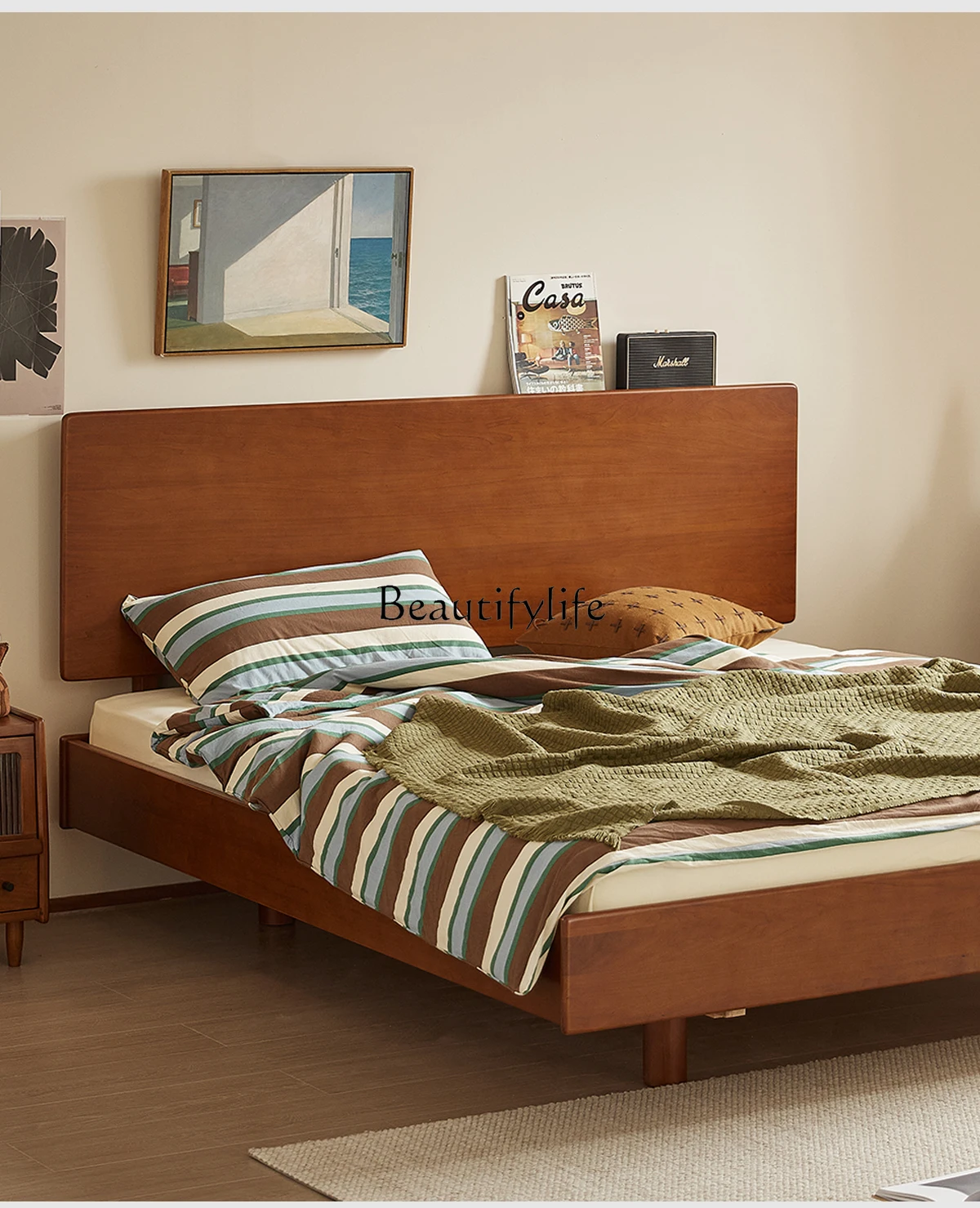 

Solid Wood Bed Floating Nordic Japanese Retro Double Bed Bedroom Furniture