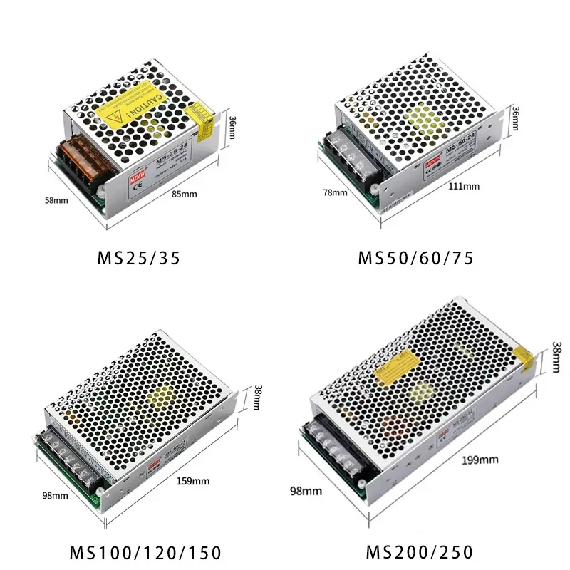 MZMW MS Series Switching Power Supply 25W-250W 100-240VAC To DC 12V 24V LED CCTV Strip Source Power Lighting Adapter Transformer