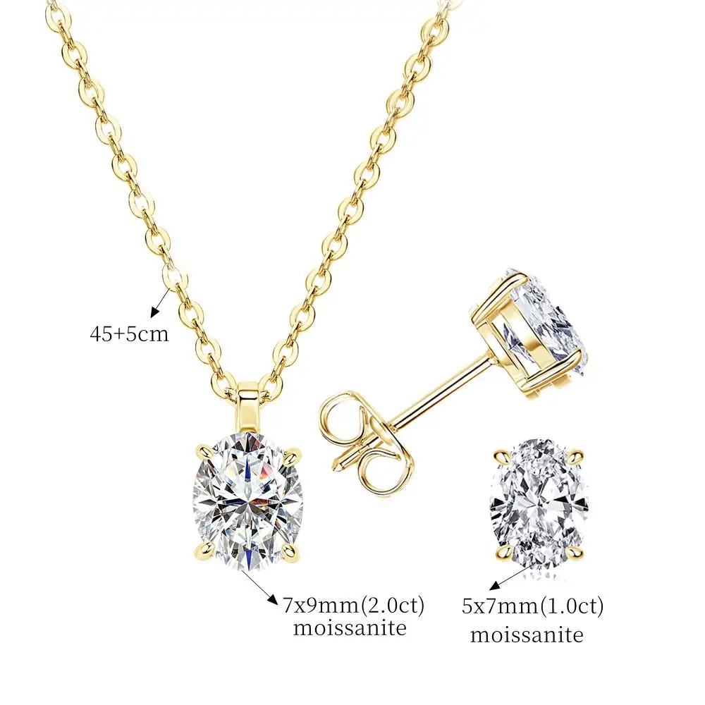 Lnngy Certified Oval Cut Moissanite Earring Necklace Jewelry Set For Women Solitaire Lab Diamond Stud Earrings Pendant Necklaces
