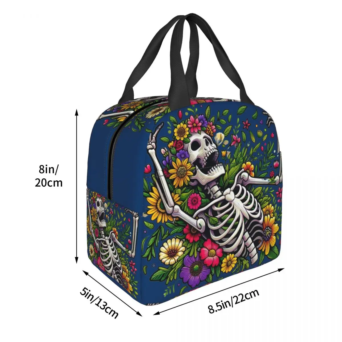 A Skeleton Encircled By Colorful Flowers Insulated Lunch Bag for Women Children Portable Food Boxes Thermal Lunch Box Tote