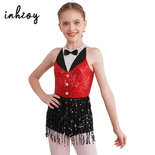 Niños Niñas lentejuelas brillantes borla traje de leotardo de Jazz latino traje de competición de baile mono de actuación Rumba Cha Ropa de baile
