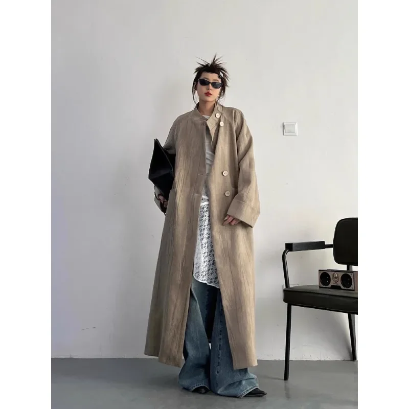 

SuperAen Autumn 2024 New Korean Style Loose Waist Casual Long Trench Coat Women Folds Vintage Stand Collar Coat