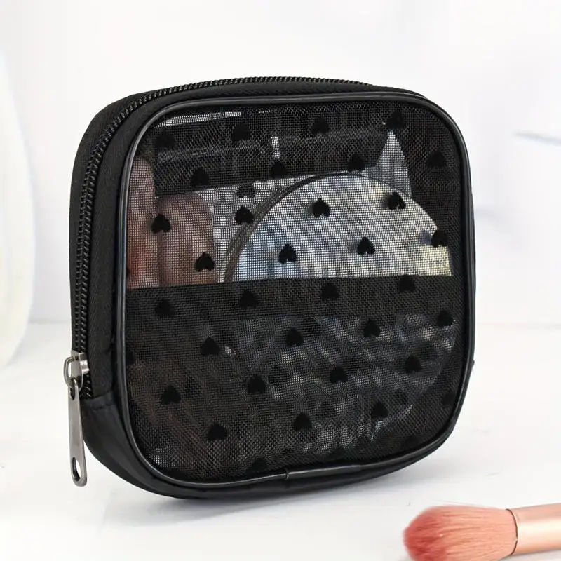 Almacenamiento de brochas de maquillaje, bolsa de tela de malla para cosméticos, bolsillo con cremallera, bolsas de maquillaje multifuncionales para mujer, lápiz labial, moneda