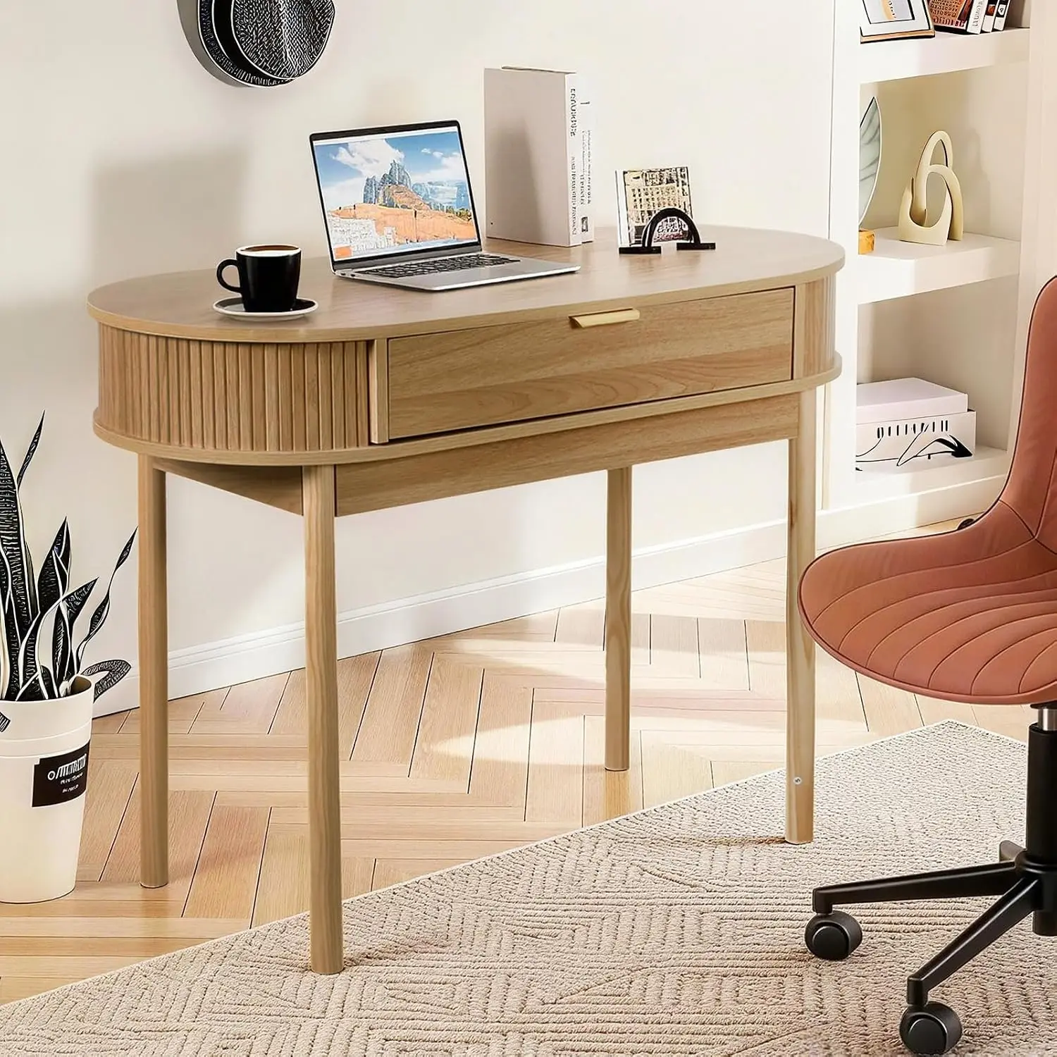 Fluted Small Computer Desk with Drawer, 40 Inch Mid-Century Modern Writing Desk with Solid Wood Legs,Compact Study, Customized