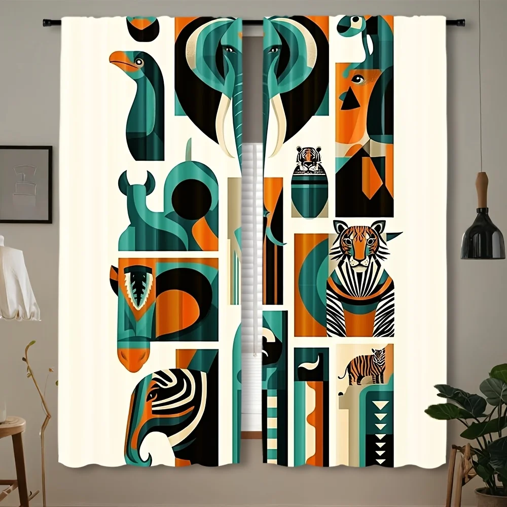 Geometric Safari Animal Blackout Rod Pocket Curtain Elephant Tiger Zebra Decor Jungle Homestay Living Rest Bay Window