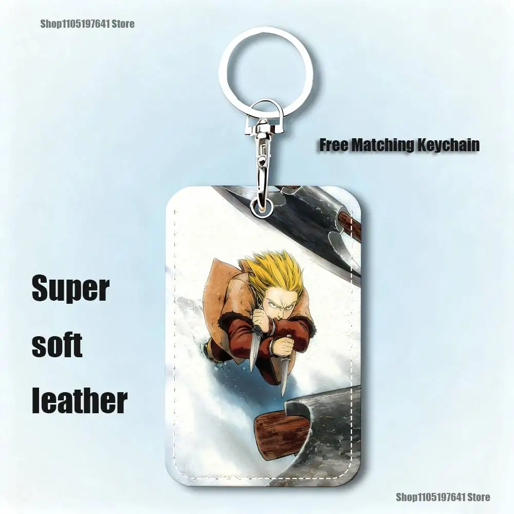 Anime Thorfinn V-Vinland  Pattern 1Pc PU Leather Card Holder Keychain Key Ring Door Lock Access Tags ID Card Case Keychain Card