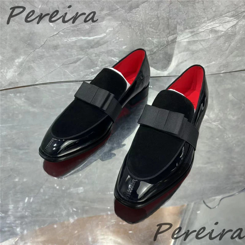 

Black Patent Leather Men Shoes Luxury Bowknot Square Toe Slip On Loafer British Style Party Banquet Wedding Business Dress Shoes